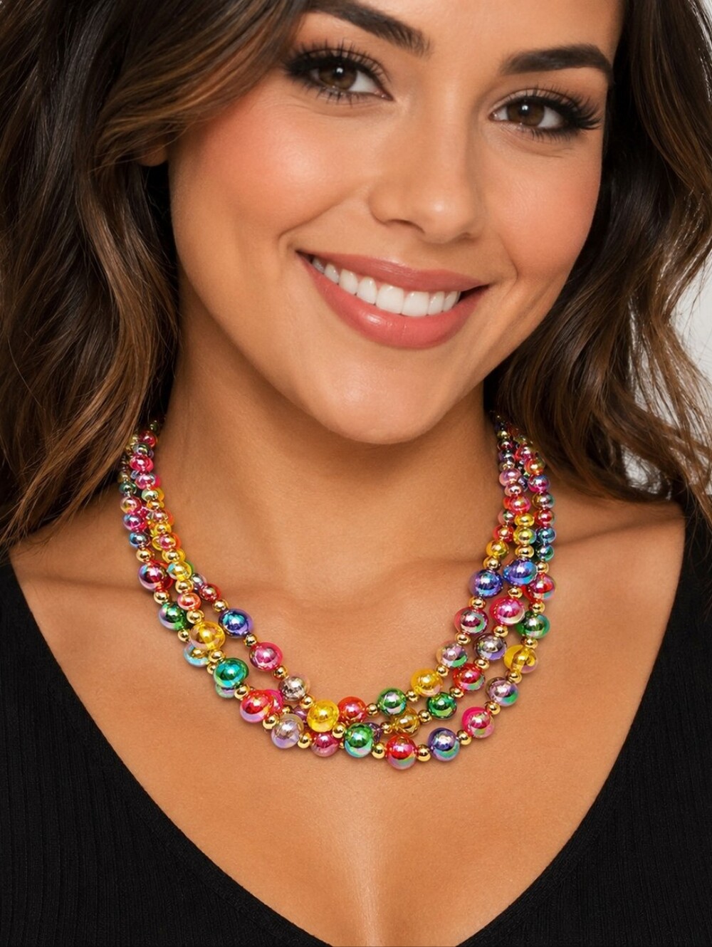 Vintage Iridescent Rainbow Beaded 3-Strand Statement Necklace 18"+